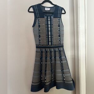 Leota Navy and Cream Patterned Fit-and-Flare Dress